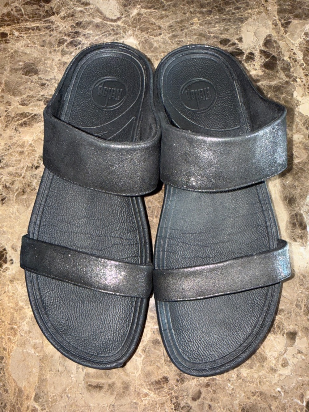 FitFlop Lulu Black Shimmer Slides, Size 9